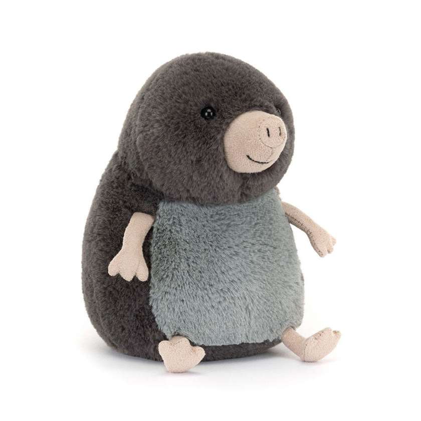 Plush toy mole on a white background. Jellycat Muswell Mole - Stockist at Zebra Finch Marketown