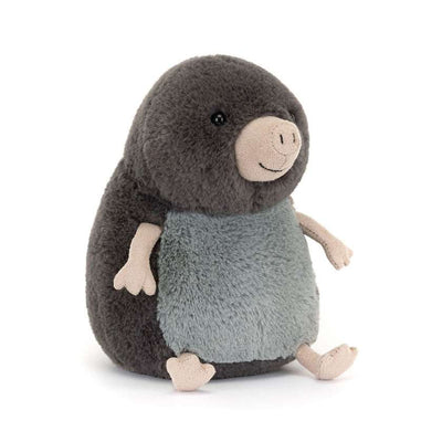 Plush toy mole on a white background. Jellycat Muswell Mole - Stockist at Zebra Finch Marketown