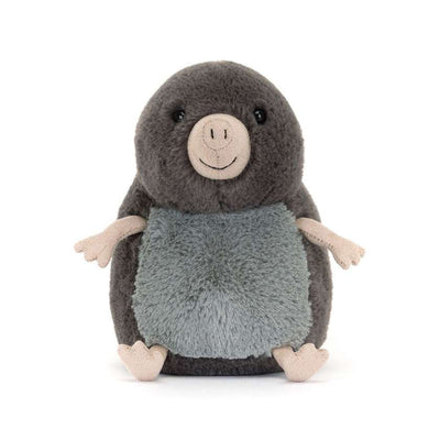 Plush toy mole on a white background. Jellycat Muswell Mole - Stockist at Zebra Finch Marketown