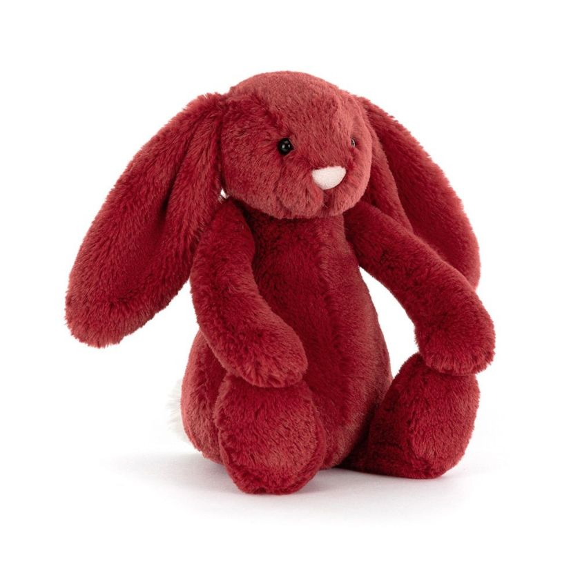Red plush bunny toy on a white background | Jellycat Christmas redcurrant bunny