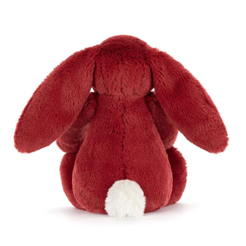 Red plush bunny toy on a white background | Jellycat Christmas redcurrant bunny