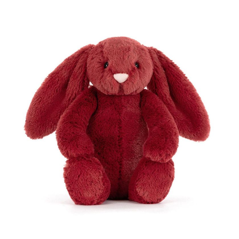 Red plush bunny toy on a white background | Jellycat Christmas redcurrant bunny