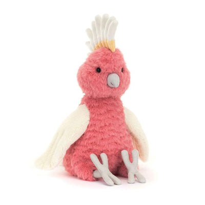 Pink plush toy resembling a bird on a white background. Squawkatoo Jellycat. Jellycat Stockist in Newcastle, NSW at Zebra Finch Style