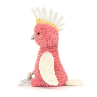 Pink plush toy resembling a bird on a white background. Squawkatoo Jellycat. Jellycat Stockist in Newcastle, NSW at Zebra Finch Style