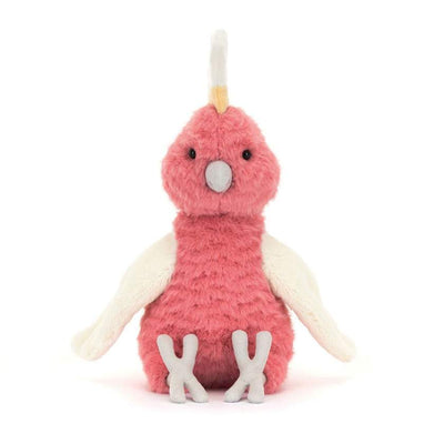 Pink plush toy resembling a bird on a white background. Squawkatoo Jellycat. Jellycat Stockist in Newcastle, NSW at Zebra Finch Style