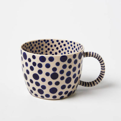 Mug with blue polka dot pattern on a white background by Jones and Co | Stockist at Zebra Finch Style in Newcastle, NSW