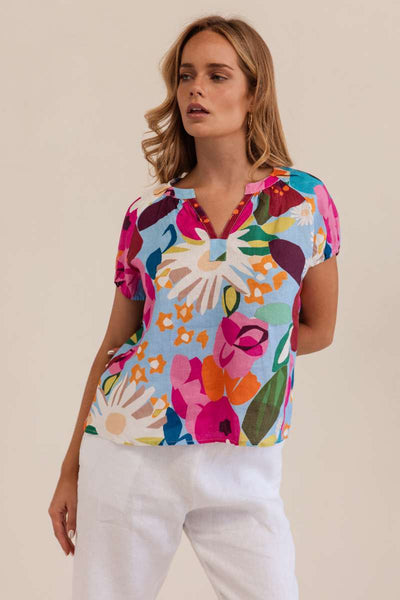 Kaleido 100% Linen Short Sleeve Top in Bloom Burst