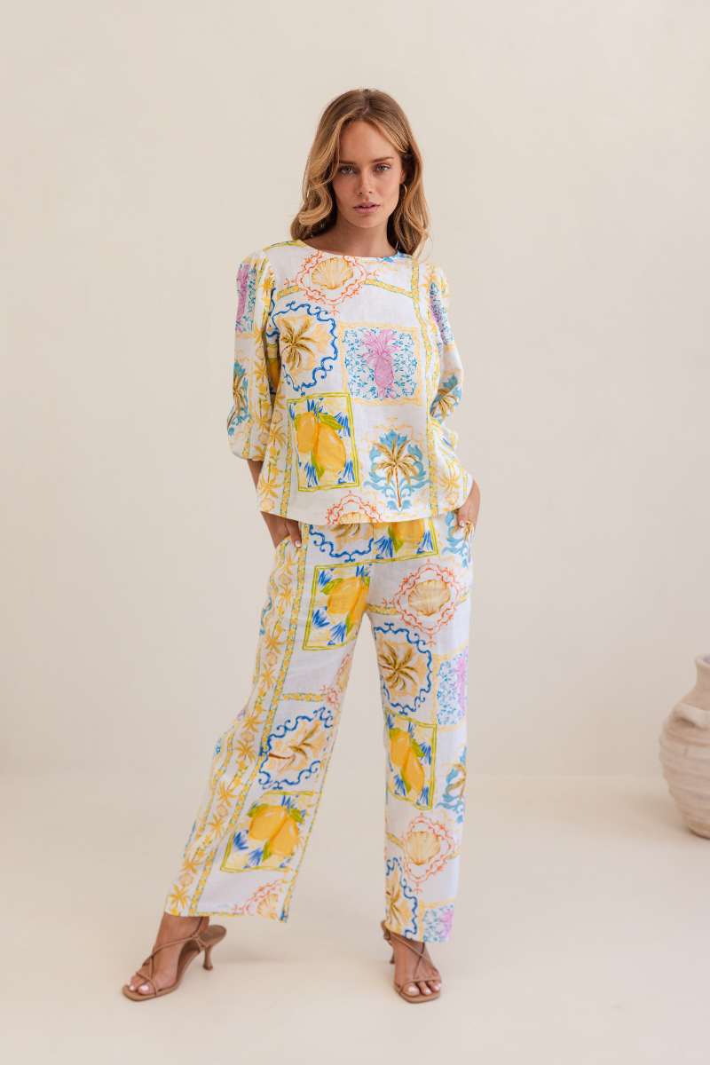 Kaleido 100% Linen Elbow Sleeve Top in Amalfi Dreams