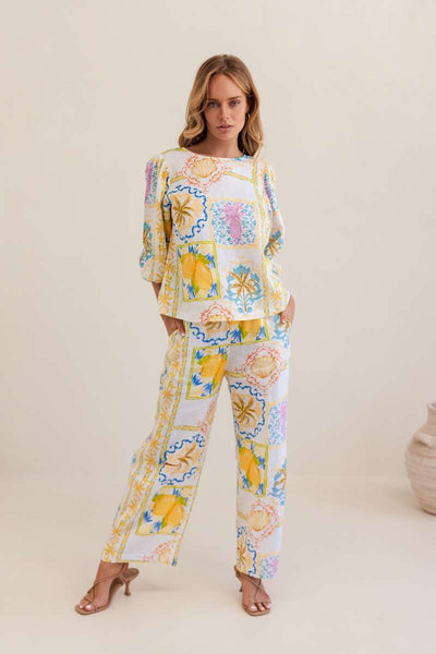 Kaleido 100% Linen Elbow Sleeve Top in Amalfi Dreams
