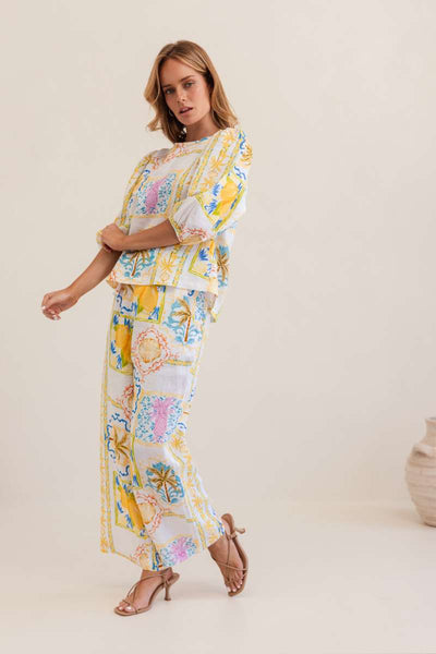 Kaleido 100% Linen Elbow Sleeve Top in Amalfi Dreams