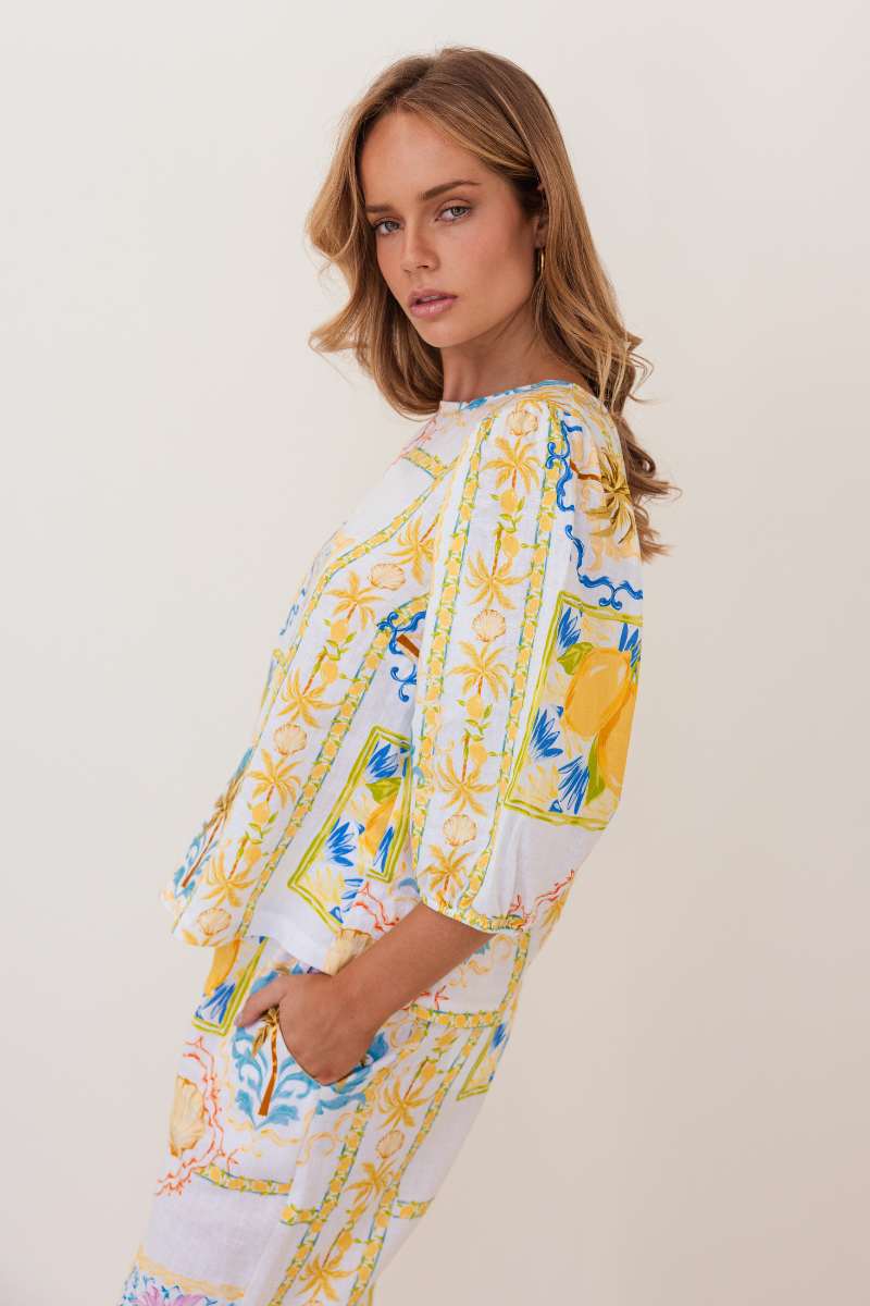 Kaleido 100% Linen Elbow Sleeve Top in Amalfi Dreams