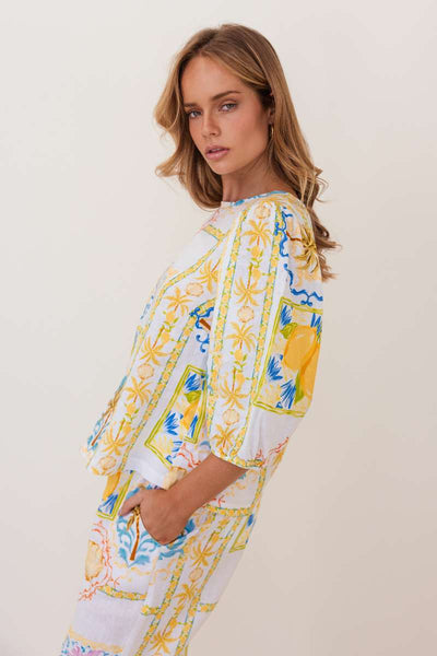 Kaleido 100% Linen Elbow Sleeve Top in Amalfi Dreams