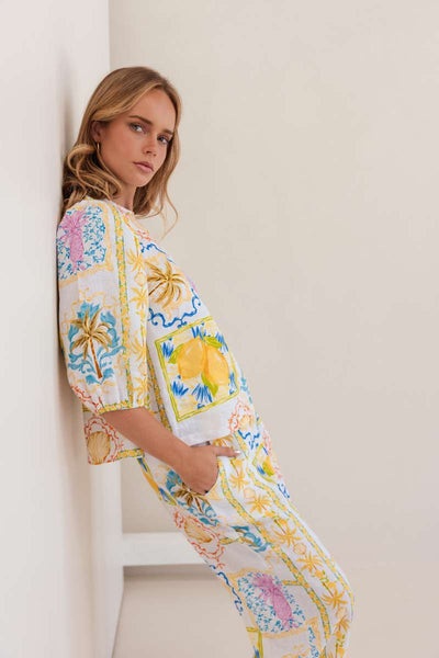 Kaleido 100% Linen Elbow Sleeve Top in Amalfi Dreams