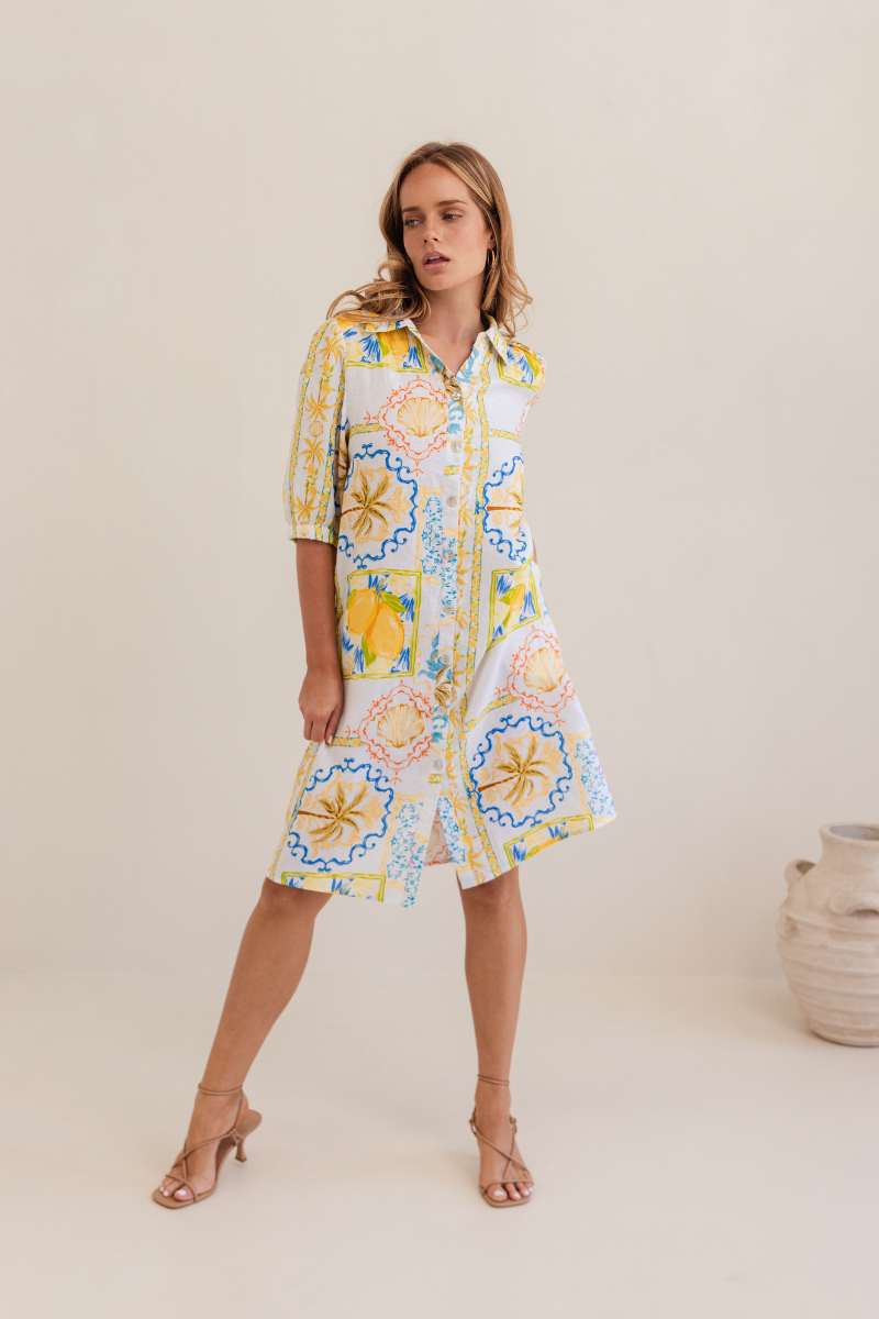 Kaleido 100% Linen Shirtmaker Dress in Amalfi Dreams Print