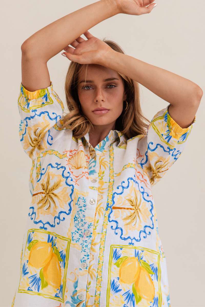 Kaleido 100% Linen Shirtmaker Dress in Amalfi Dreams Print