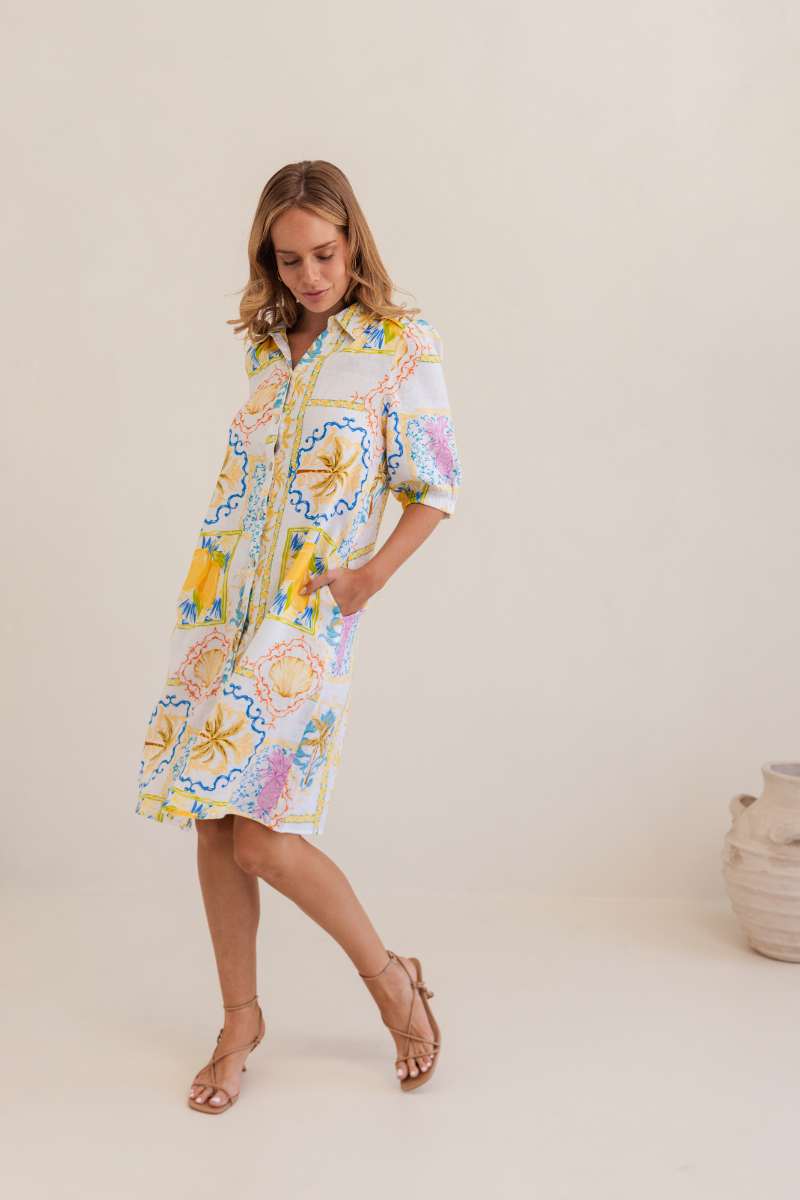 Kaleido 100% Linen Shirtmaker Dress in Amalfi Dreams Print