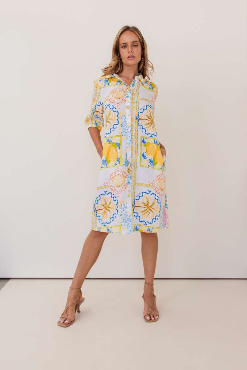 Kaleido 100% Linen Shirtmaker Dress in Amalfi Dreams Print