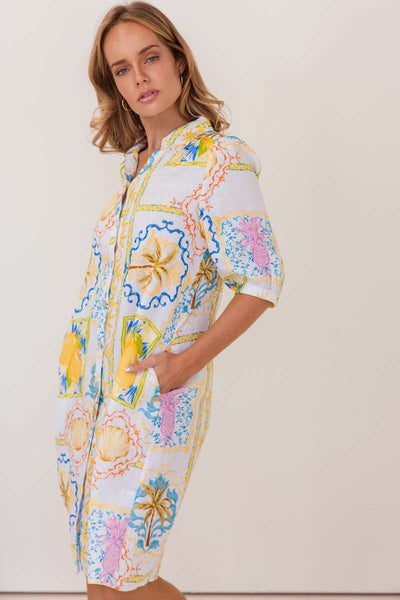 Kaleido 100% Linen Shirtmaker Dress in Amalfi Dreams Print