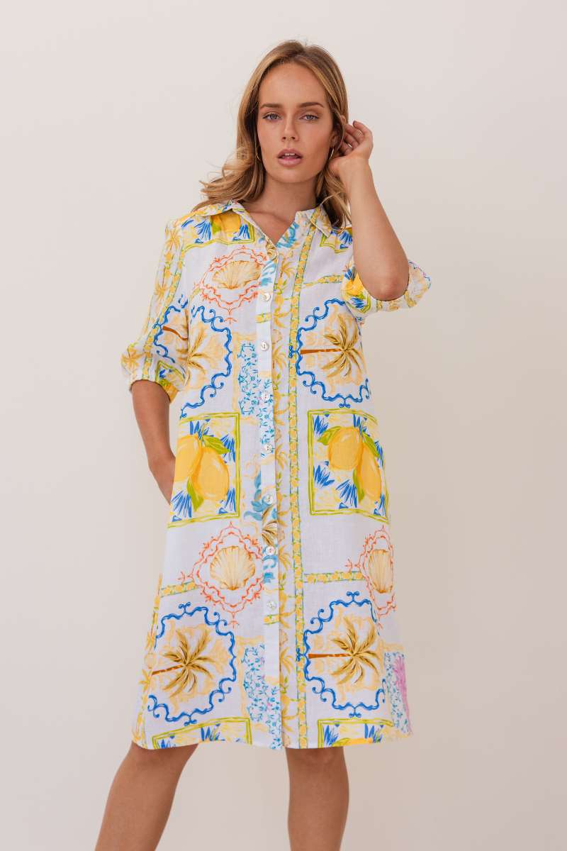 Kaleido 100% Linen Shirtmaker Dress in Amalfi Dreams Print