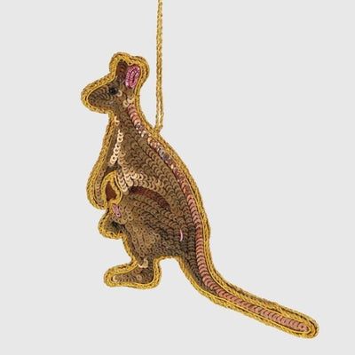 Decorative kangaroo ornament with sequins on a white background by Vixen and Velvet