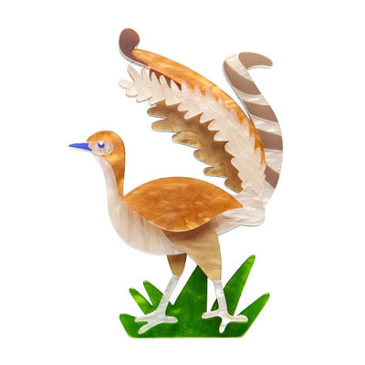 Lottie the Lyrebird - resin brooch by Erstwilder from their 2025 Australiana collection. Stocked at Zebra Finch Style in Newcastle, NSW