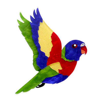 Lulu the lorikeet resin brooch by Erstwilder from their 2025 Australiana collection. Stocked at Zebra Finch Style in Newcastle, NSW