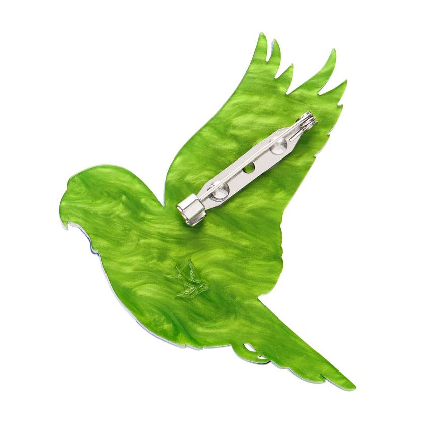 Back of Lulu the lorikeet resin brooch by Erstwilder from their 2025 Australiana collection. Stocked at Zebra Finch Style in Newcastle, NSW
