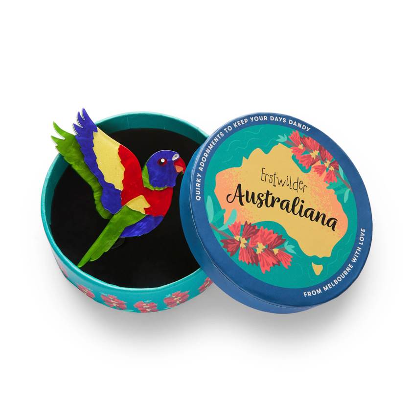 In gift box - Lulu the lorikeet resin brooch by Erstwilder from their 2025 Australiana collection. Stocked at Zebra Finch Style in Newcastle, NSW