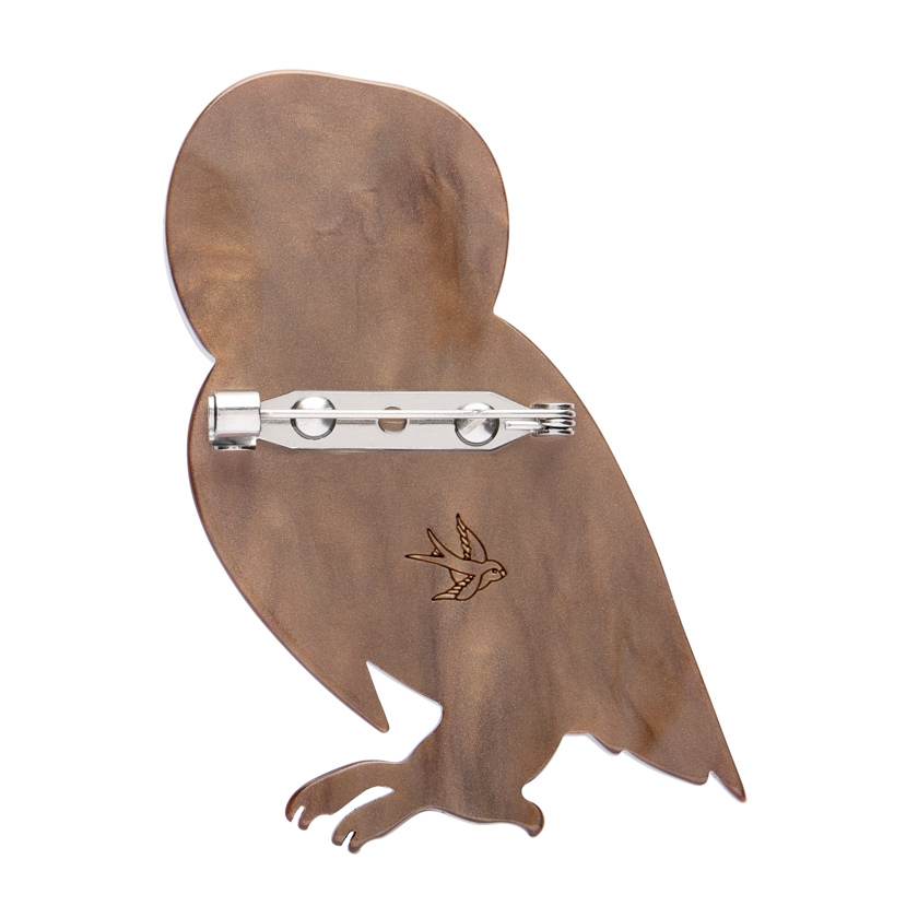 Back of Maisie The Masked Owl Brooch resin brooch by Erstwilder from their 2025 Australiana collection. Stocked at Zebra Finch Style in Newcastle, NSW