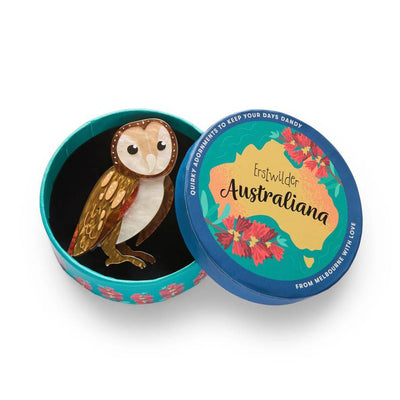 In gift box - Maisie The Masked Owl Brooch resin brooch by Erstwilder from their 2025 Australiana collection. Stocked at Zebra Finch Style in Newcastle, NSW