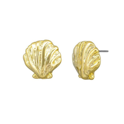 Gold shell-shaped earrings on a white background by Tiger Tree