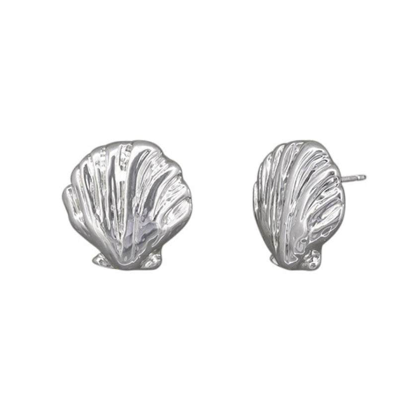 Silver shell-shaped earrings on a white background by Tiger Tree