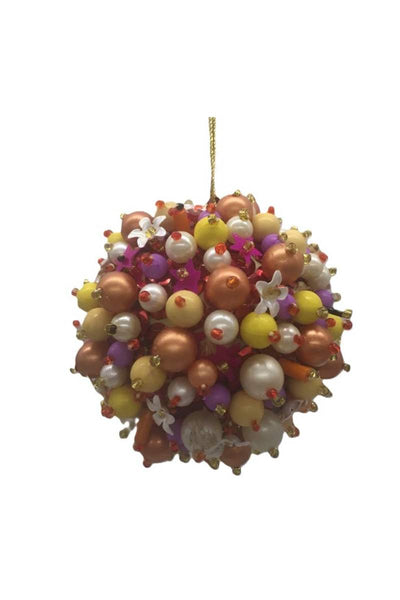 Decorative ornament ball with multicolored beads on a white background