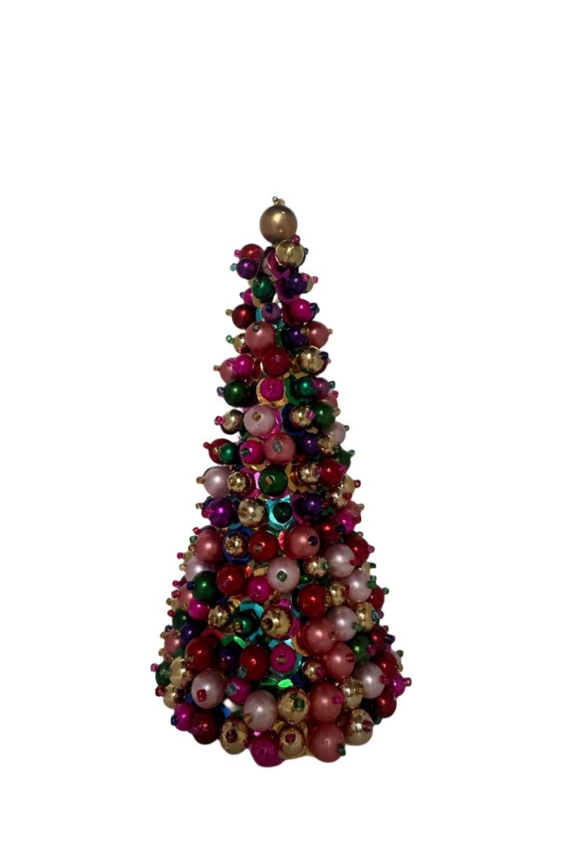 Decorative Christmas tree made of colorful beads on a white background