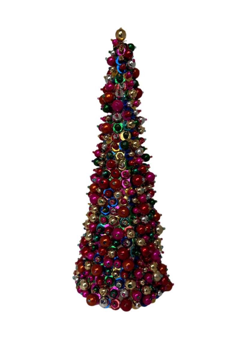 Decorative Christmas tree made of colorful beads on a white background