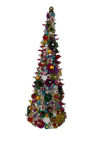 Colorful decorative Christmas tree with various ornaments on a white background