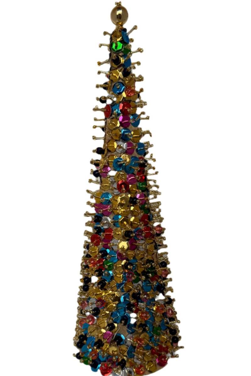 Decorative Christmas tree ornament with multicolored beads on a white background