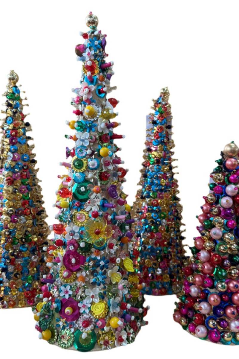 Colorful beaded Christmas trees on a white background