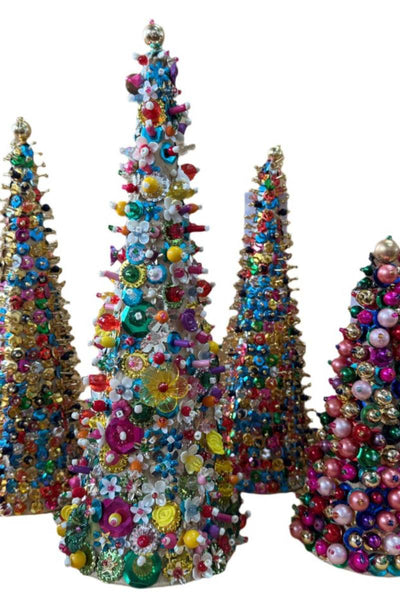 Colorful beaded Christmas trees on a white background