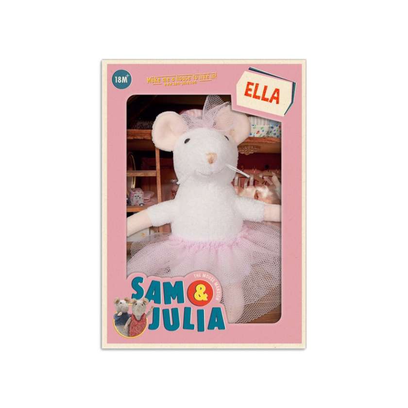Plush mouse toy with a pink tutu on a white background. Plush Ella from Sam and Julia. Stockist at Zebra Finch in Newcastle