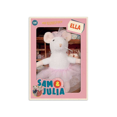 Plush mouse toy with a pink tutu on a white background. Plush Ella from Sam and Julia. Stockist at Zebra Finch in Newcastle