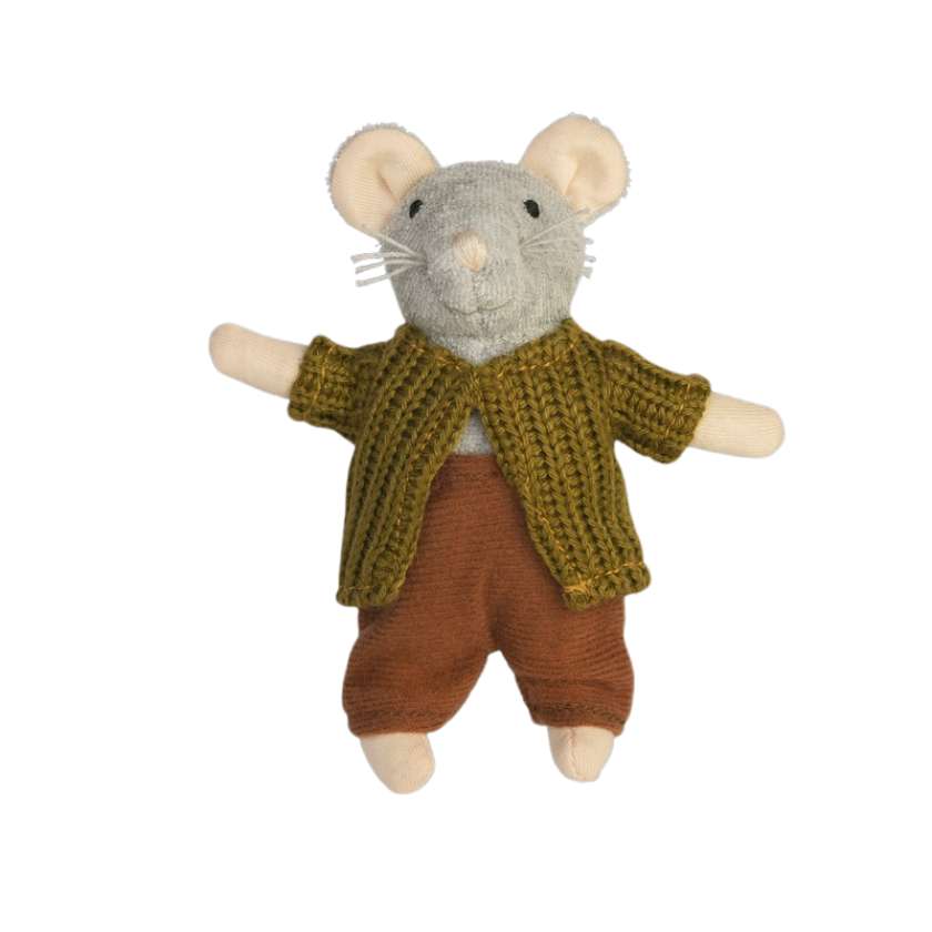 Toy mouse wearing a knitted sweater and pants on a white background. Plush Sam's Dad from Sam and Julia Mouse Mansion. Stockists at Zebra Finch