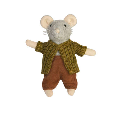 Toy mouse wearing a knitted sweater and pants on a white background. Plush Sam's Dad from Sam and Julia Mouse Mansion. Stockists at Zebra Finch