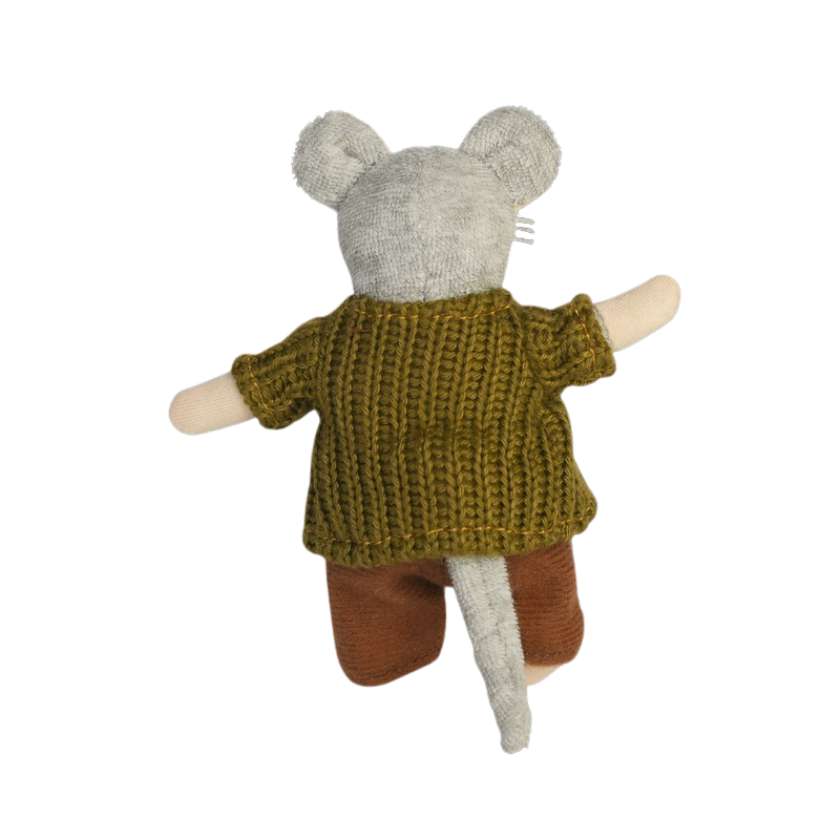 Toy mouse wearing a knitted sweater and pants on a white background. Plush Sam's Dad from Sam and Julia Mouse Mansion. Stockists at Zebra Finch