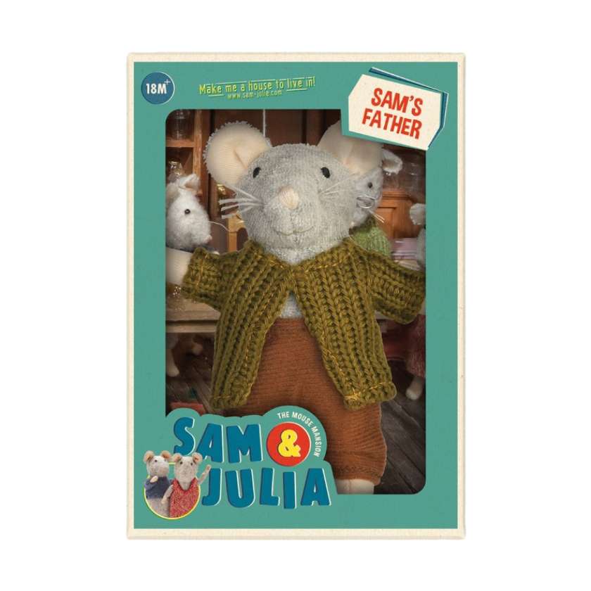 Toy mouse wearing a knitted sweater and pants on a white background. Plush Sam's Dad from Sam and Julia Mouse Mansion. Stockists at Zebra Finch
