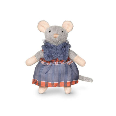 Stuffed mouse toy wearing a blue dress with a plaid pattern on a white background. Sam's Mother plush from Sam and Julia. Stockist at Zebra Fnch Style