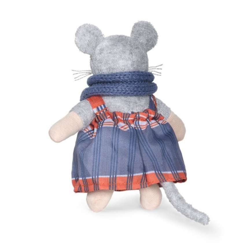 Stuffed mouse toy wearing a blue dress with a plaid pattern on a white background. Sam's Mother plush from Sam and Julia. Stockist at Zebra Fnch Style