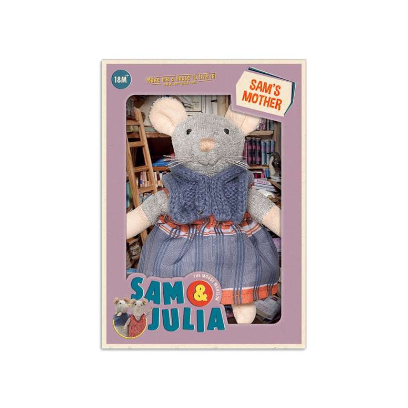 Stuffed mouse toy wearing a blue dress with a plaid pattern on a white background. Sam's Mother plush from Sam and Julia. Stockist at Zebra Fnch Style