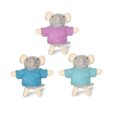 Three plush mouse toys in different colored sweaters on a white background. Triplets plush toy from Sam and Julia. Stockist at Zebra Finch Style