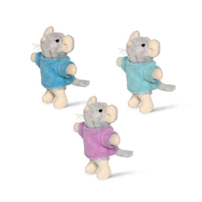 Three plush mouse toys in different colored sweaters on a white background. Triplets plush toy from Sam and Julia. Stockist at Zebra Finch Style